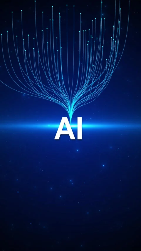 Artificial intelligence data flow with AI text, glowing blue strands, connected Stock Footage 334125539