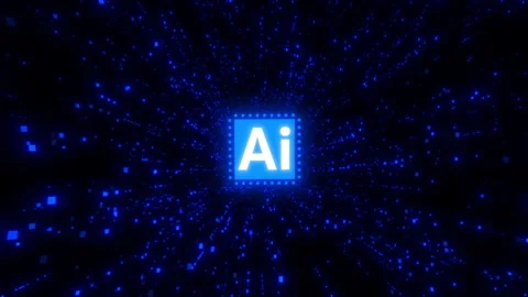 Artificial intelligence, data flow, technology. Glowing AI icon, blue particles  Vídeos de archivo 332571716