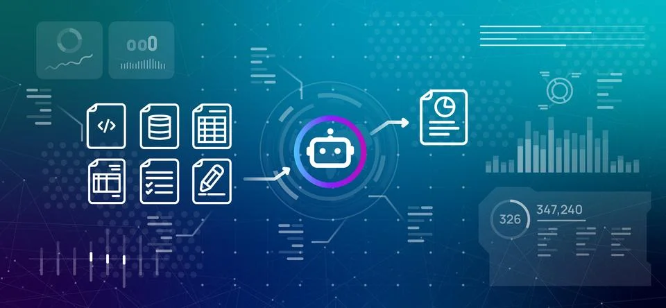 Artificial intelligence data processing and document summary concept with 库存插图