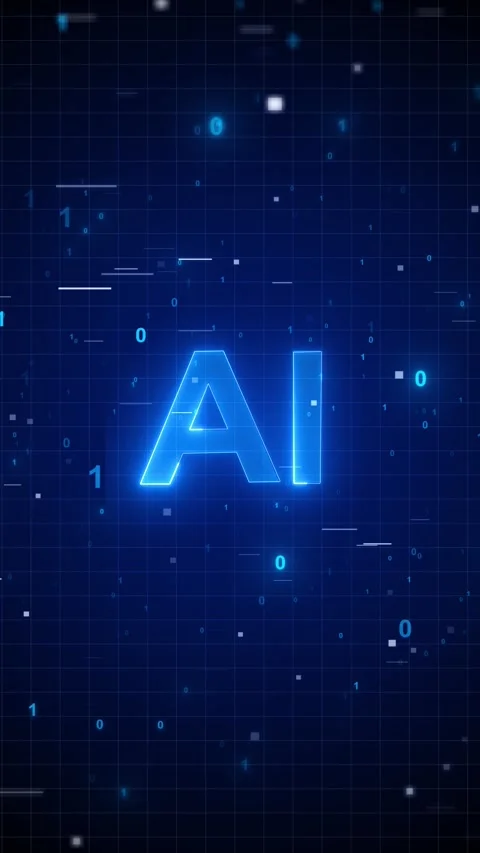Artificial intelligence data screen with large blue AI text, drifting binary Stock Footage 333975926