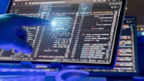 Artificial Intelligence Debugging Concept with Bug Detection, Automated Code  Stock Photos