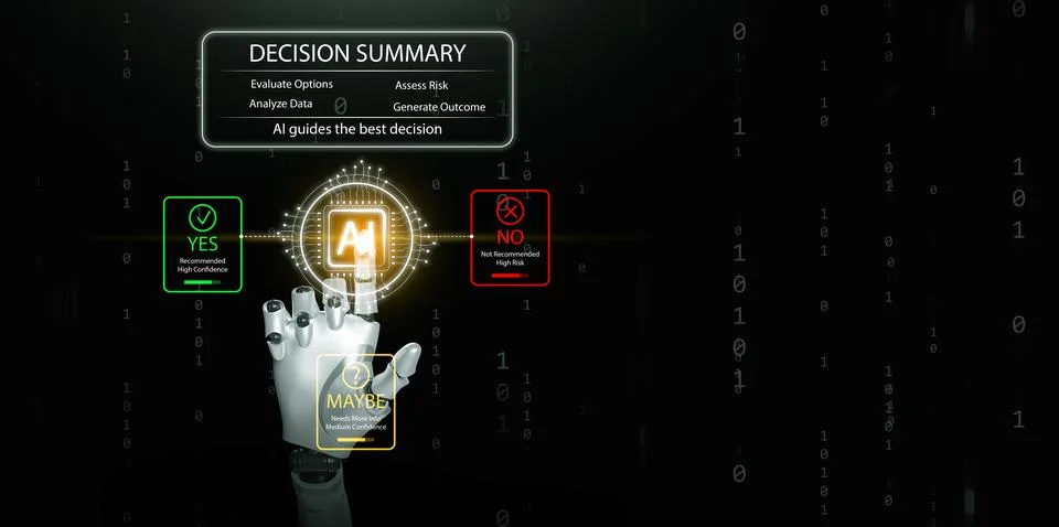 Artificial intelligence decision making concept with robotic hand touching .. Stock Photos