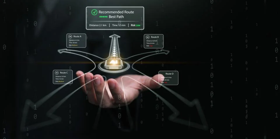 Artificial intelligence decision making concept showing hand holding AI rou.. Stock Photos