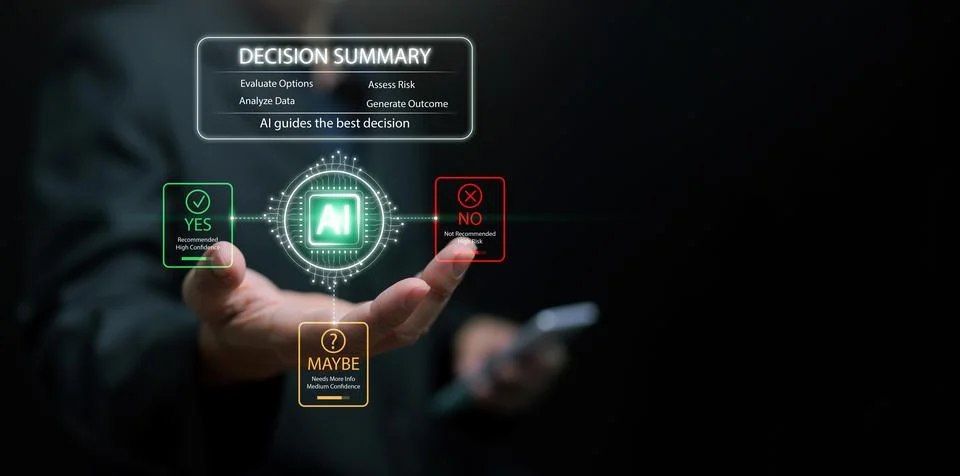 Artificial intelligence decision making concept with hand holding AI interf.. Stock Photos