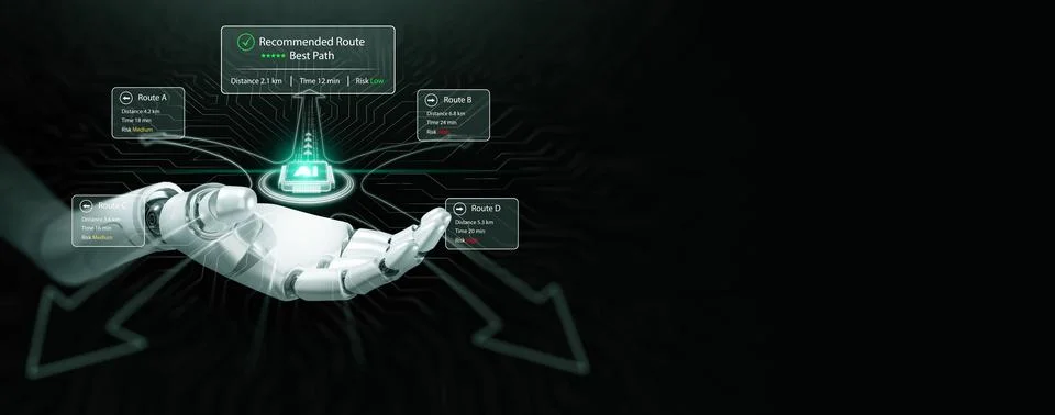 Artificial intelligence decision making concept with robotic hand holding A.. Stock Photos