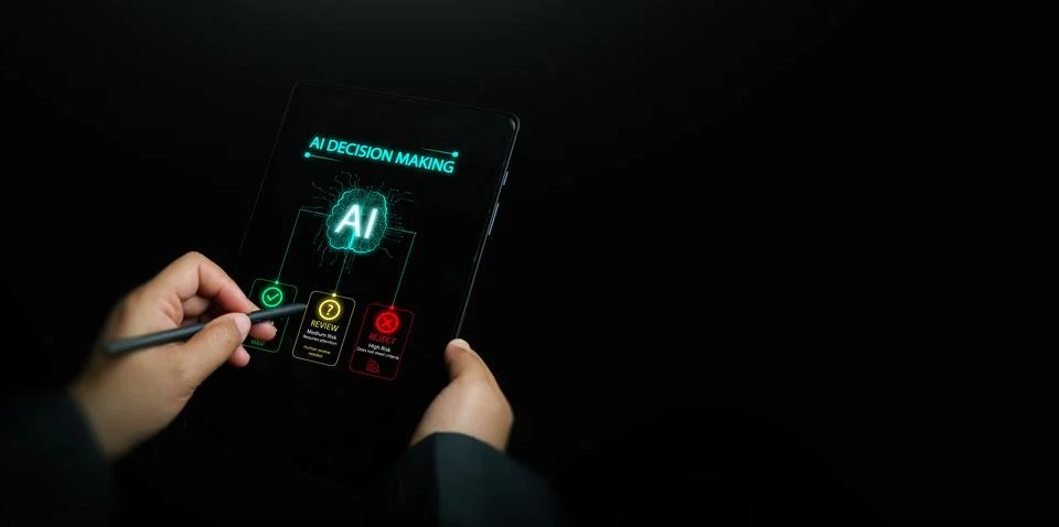 Artificial intelligence decision making on tablet with approve, review and .. Stock Photos