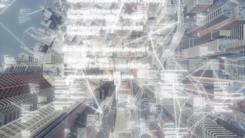Artificial intelligence descends on a modern city and analyzes the Stock Footage 258635847