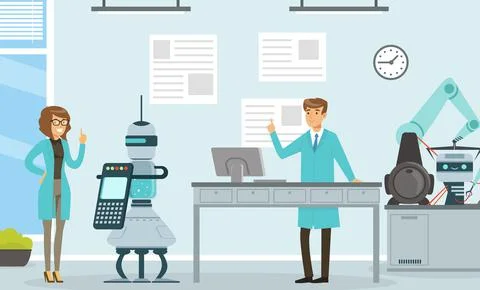 Artificial Intelligence Development with Man and Woman Scientist Engaged in Stock Illustration