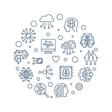 Artificial Intelligence Digital Brain concept line round vector banner Stock Illustration