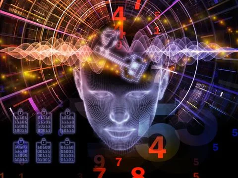 Artificial Intelligence Digital Brain with Cybersecurity Data Waves 库存插图