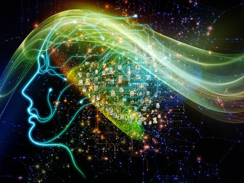 Artificial Intelligence Digital Brain with Futuristic Data Network Stock Illustration