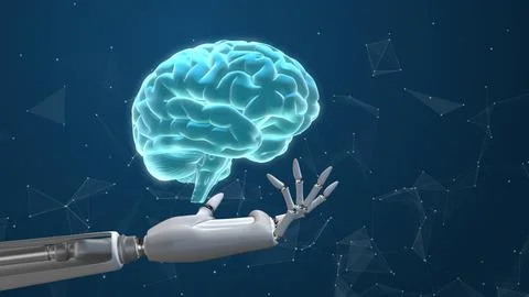 Artificial intelligence digital brain in robotic hand Illustrazione stock