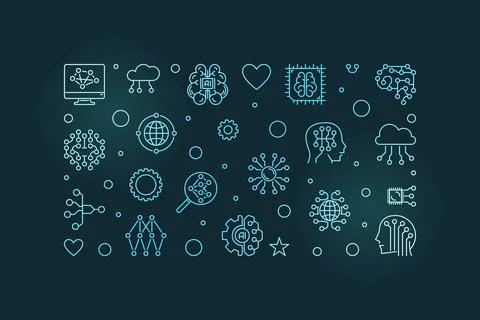 Artificial Intelligence Digital Brain Technology outline horizontal vector .. Illustrazione stock