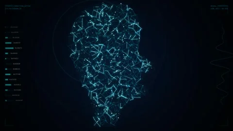 Artificial intelligence digital human head wireframe network with glowing nodes Stock Footage 344829939