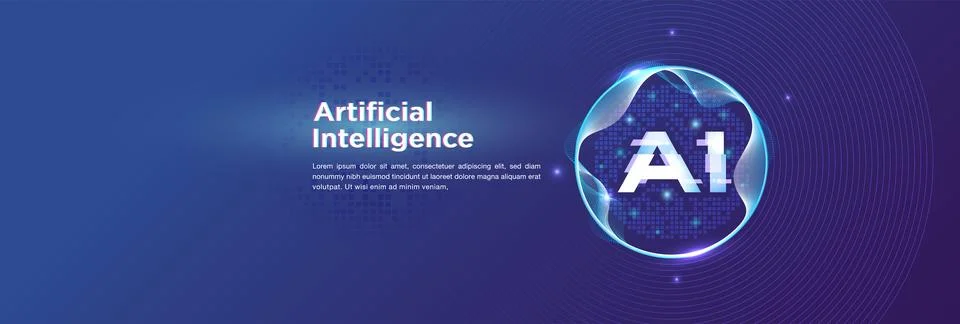 Artificial Intelligence Digital Wave with AI Typography and Glowing Data Sphe Stockillustratie