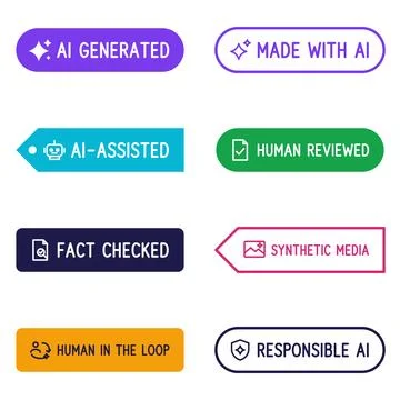 Artificial intelligence disclosure badge set with AI generated, human reviewed, Stock Illustration