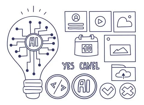 Artificial Intelligence Doodle Set. AI Lightbulb, Neural Circuit, Digital I.. Stock Illustration
