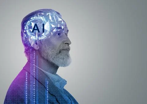 Artificial intelligence. Double exposure of senior man, code and brain on g.. Stock Photos