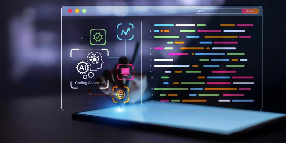 Artificial Intelligence Driven Coding Assistant for Modern Software Developme 库存照片