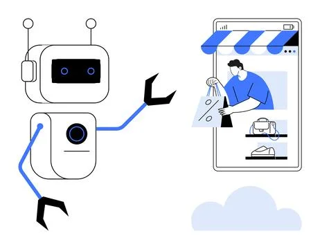 Artificial intelligence, e-commerce, automation, digital shopping, technology Stock Illustration