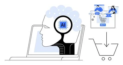 Artificial intelligence, e-commerce, automation, online shopping, business in Stock Illustration