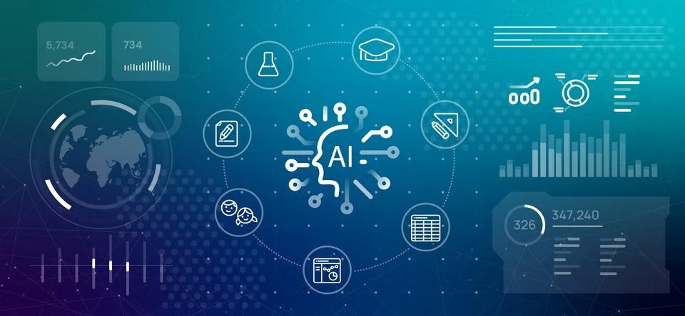 Artificial intelligence education application banner icons for science Stock Illustration