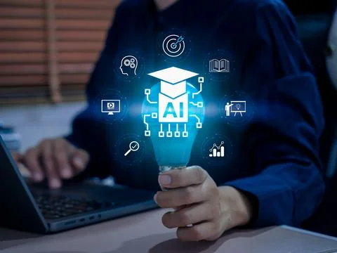 Artificial intelligence in education concept with smart learning interface .. Stock Photos