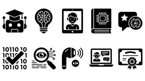 Artificial intelligence in education flat vector icons representing innovat.. Illustrazione stock
