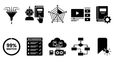 Artificial intelligence in education icon set illustrating digital learning.. Illustrazione stock