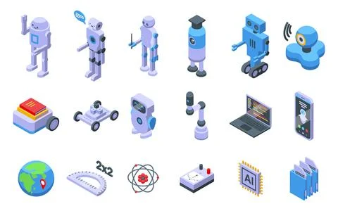 Artificial intelligence in education icons set isometric vector 스톡 일러스트