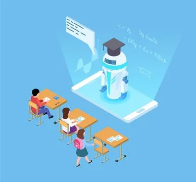 Artificial intelligence in education. Isometric vector robot teacher and Stock Illustration