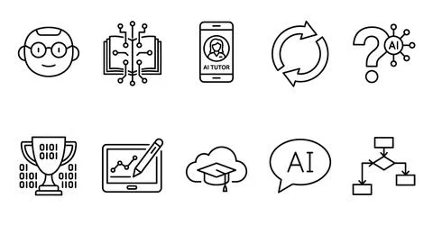 Artificial intelligence in education outline vector icons representing inno.. Illustrazione stock