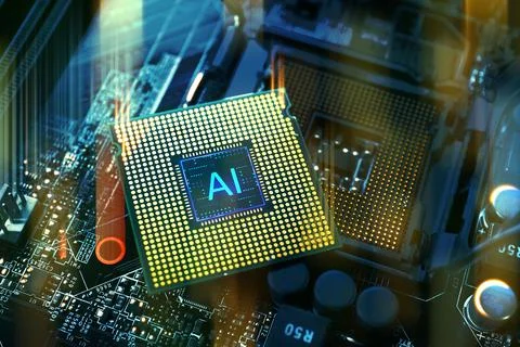 Artificial intelligence. Electronic chip with AI abbreviation on computer m.. Stock Photos