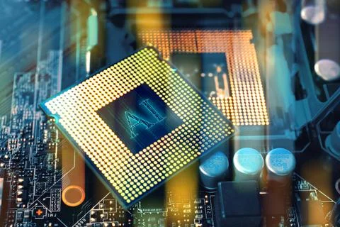 Artificial intelligence. Electronic chip with AI abbreviation on computer m.. Stock-Fotos