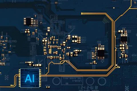 Artificial intelligence. Electronic chip with AI abbreviation on circuit bo.. 스톡 사진