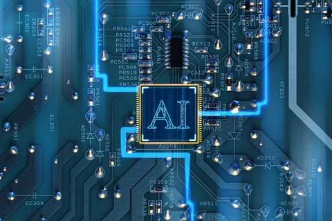 Artificial intelligence. Electronic chip with AI abbreviation on circuit bo.. 스톡 사진