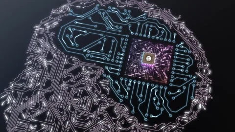 Artificial intelligence electronic circuit. Microchip in AI circuit in shape of  Stock Footage 334994278