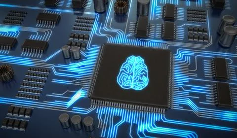 Artificial intelligence electronic circuit. Microchip with glowing brain. 3D  Stock Illustration