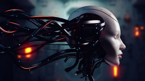 Artificial Intelligence Emerging from Digital Network. Robot Face and Complex Stock Footage 308950426
