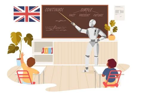 Artificial intelligence English language teacher bot teaching children 스톡 일러스트