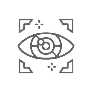 Artificial intelligence eye, cyber spying, computer surveillance line icon. 스톡 일러스트
