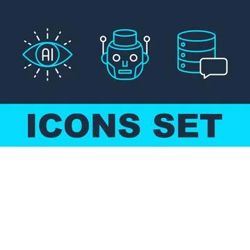 Artificial intelligence eye icon, robot head symbol, and database with chat.. Illustrazione stock