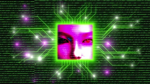Artificial Intelligence Face in Binary Code and Neon Circuit Network Video stock 343011705