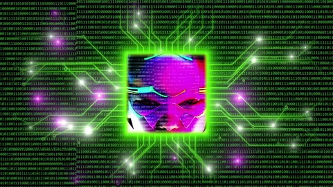 Artificial Intelligence Face in Binary Code and Neon Circuit Network Video stock 343581247