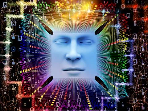 Artificial Intelligence Face with Digital Circuit Data Streams 스톡 일러스트