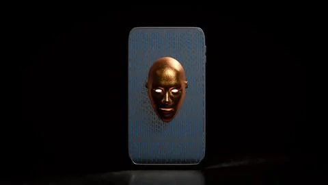 Artificial Intelligence Face Emerging from Secure Smartphone Screen 3d render 库存插图