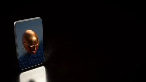 Artificial Intelligence Face Emerging from Secure Smartphone Screen 3d render 库存插图
