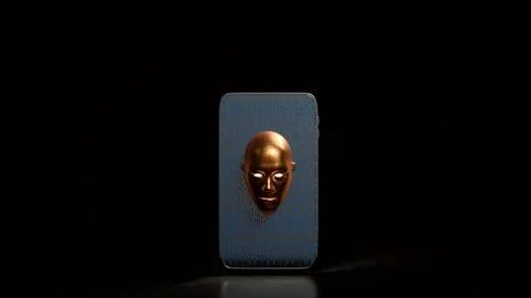 Artificial Intelligence Face Emerging from Secure Smartphone Screen 3d render Stockillustratie