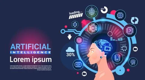 Artificial Intelligence Female Head Cyber Brain Modern Technology Robots Banner Stock Illustration