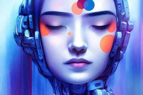 Artificial Intelligence Female Robot Android Woman with Colorful Dots Stock Illustration